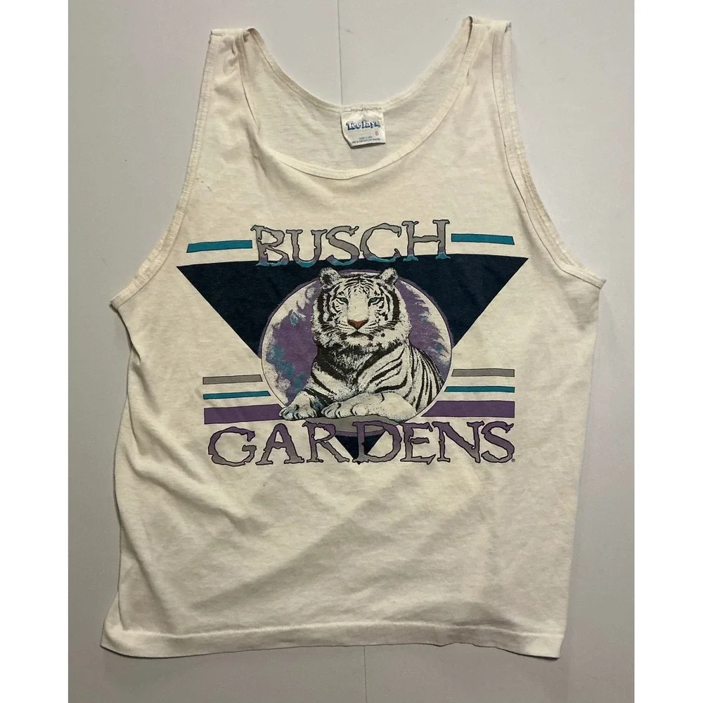 VTG USA Single Stitch Busch Gardens White Tiger Tank Top Grunge Distressed S - Picture 1 of 6
